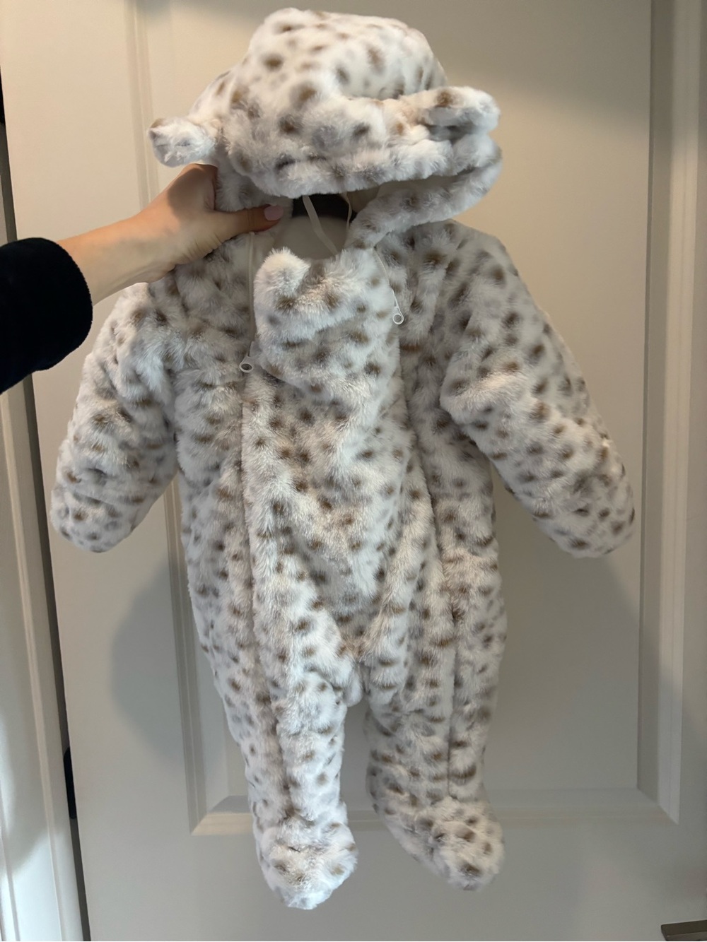 Faux Fur Leopard-Print Baby One-Piece Footie - White/Brown